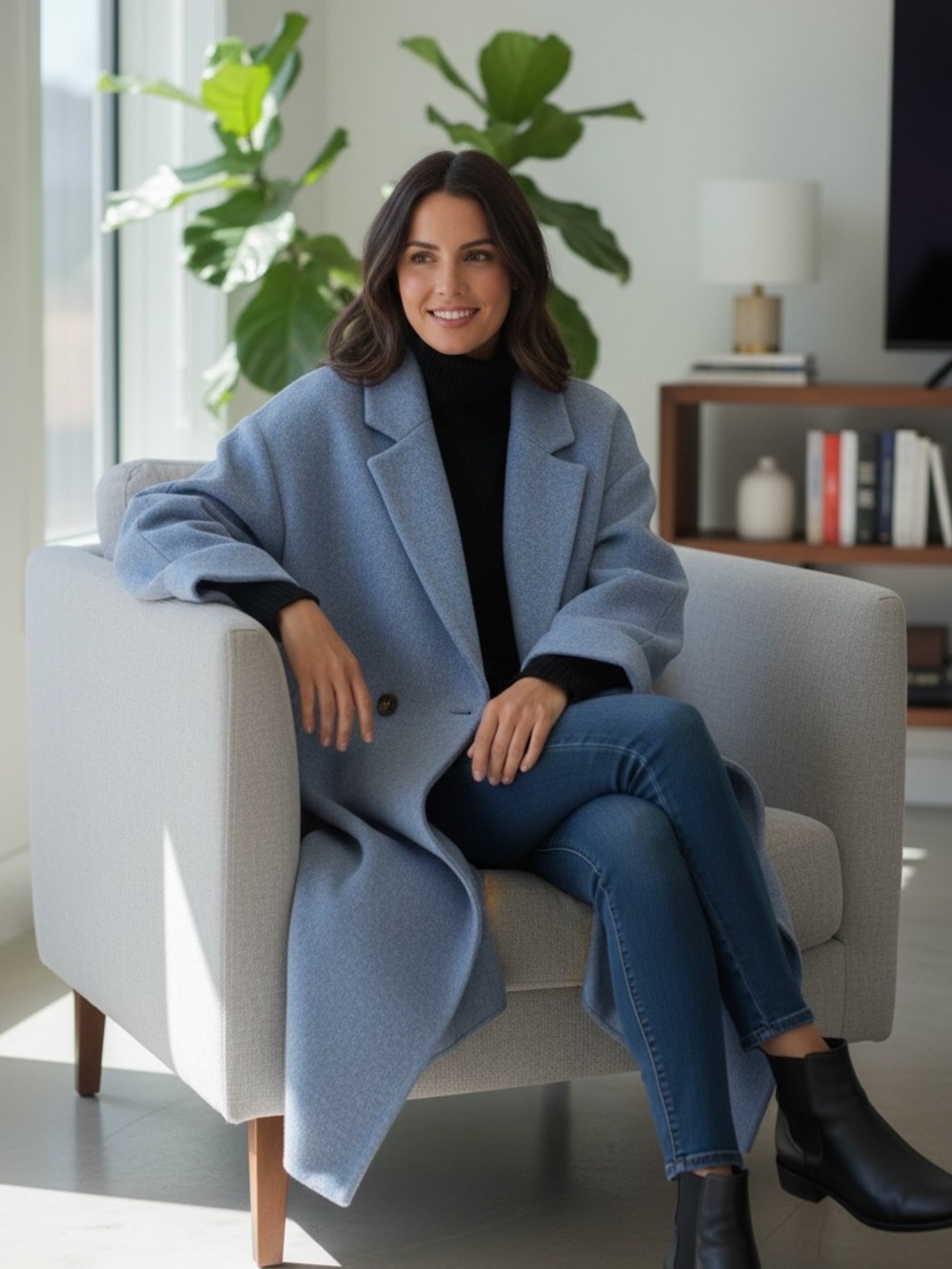 Long Wool-Blend Open Front Coat in Dusty Blue Size XL